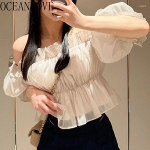 Camicette da donna OCEANLOVE Japan Syle Camicie Solid Summer Slash Neck Vintage Sweet Blusas Mujer Off spalla Ruffles Donna Top