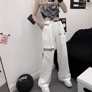 Kadınlar kot pantolon harajuku caddesi kadın pantolonları kemer zinciri hip hop gevşek içi boş pantolon yaz tasarımı düz bacak pantolonları s3xl 230511