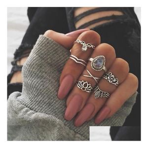 Cluster Rings 7Pcs/Set New Arrival Flower Gemstone Carved Ring Set Antique Sier Plated Vintage Bohemian Turkish Fashion Wome Dhgarden Dhpt8