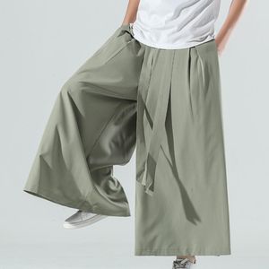 Calças masculinas de seda aconchegante Hakama Kung Fu Pants com um largo Wushu quimono Chinese Men Algodão para Exercício Japão Estilo East Gray 230512