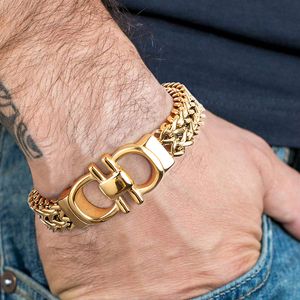 Bracelets de charme Bracelets Men Link Chain Com Hand Hop Hip Hop Aço inoxidável Golden Grenhos para Acessórios 230511