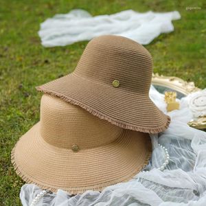 Breite Krempe Hüte Frauen Sommer Einfache Sonnenhut Kamel Kleine Traufe Strand Stroh Natur Spitze Linie Kappe Temperament Flache faltbare Outdoor