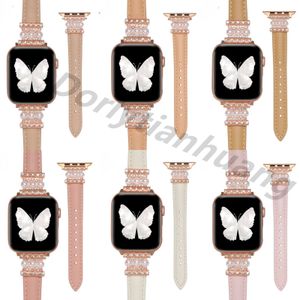 Real Leather Slim Strap Pearl Joint For Apple Watch Band 41mm 42mm 38mm 40mm 44mm Iwatch 3 4 5 7 8 41mm Bands Metal Connector Rose Gold Buckle For Ladies Women