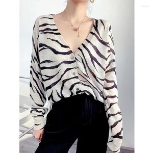 Women's Knits Vintage Zebra Knitted Women Sweater Cardigan Autumn 2023 Long-Sleeve Tops Loose V-Neck Casual Female Outwear Jersey Mujer