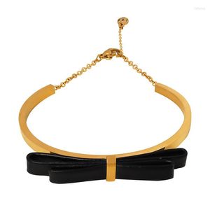 Bangle Korean Fashion Women's Titanium Steel Non-Fading Genuine Leather Bow Gold Plated Hand Jewelry Bracelet