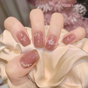 False Nails 24pcs Peach Petal Potherapy Removable Fake Finished Reusable Coffin Art Acrylic Press On Nail With Designs