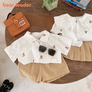 Одежда наборы медвежьи лидер детская одежда брат и сестра соответствуют нарядам летние корейские шорты для мальчиков костюмы для девочек юбки блузки 230511