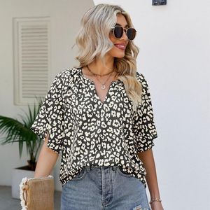 Kvinnors blusar leopard tryck kort ärm v nack löst casual blared top long tops women work skjorta split