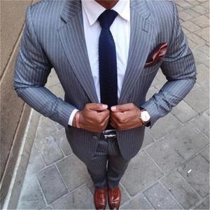 Men's Suits 2023 High-Quality Custom Groom Wedding Gray Stripes Single-Breasted Men's Suit Tuxedo Fashion 2 Pieces (Top Pants Tie)