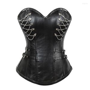 Kvinnors shapers Sliver Chain Style Sexig Women Steampunk Corset 11 Steel Boned Gothic Faux Leather Black Shaperwear Corsage Korsett