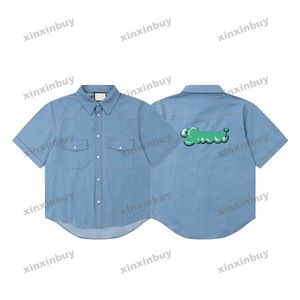 Xinxinbuy Men designer tee t shirt 23SS Letter Patch broderi denim kort ärm bomullskvinnor blå xs-2xl