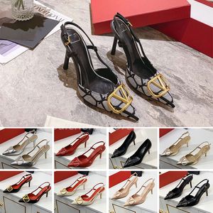 العلامة التجارية الفاخرة High Heel Sandals Women Summer Designer Pointed Classics Gold-V Metal Buckle 4CM 6CM 8CM