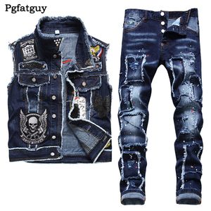 Fatos de treino de outono Azul Mens Denim Conjunto de duas peças Casual Bordado Crânio Colete e Remendo de Pintura Ragged Stretch Jeans 2 PCS Conjuntos Conjuntos de Hombres