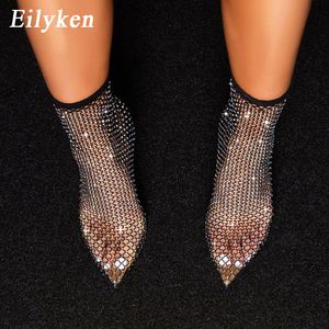 Boots Eilyken Design Crystal Mesh Stretch Fabric Sock Boots Fashion PVC Transparent Pointed Toe Shoes Sexy High Heels 230511