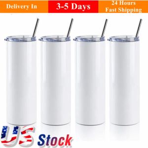 3Days Delivery 20oz Sublimation Tumblers With Plastic Straw 304 Stainless Steel Straight Blank Coaster Mugs Outdoor Doubel Wall Thermos Cups US/CA Local Warehouse