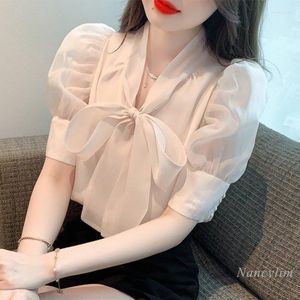 Women's Blouses 2023 Summer Light Pink Bow Shirt Womans Top Chiffon Sleeve Short All-Matching Tops