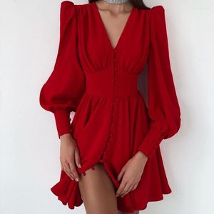 Casual Dresses 2023 Spring/Summer Dress Women Elegant Solid Vestidos Femme V-Neck Flare Sleeve Single Breasted A-Line Sexy Outwear