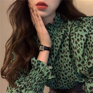 Camicette da donna Camicia con stampa leopardata verde retrò Camicia a maniche lunghe con maniche a lanterna Pullover Blusa Mujer Camicie da donna