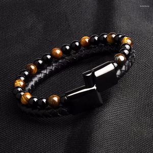 Braccialetti con ciondoli Occhio di tigre Pietra Vera pelle intrecciata Acciaio inossidabile nero Chiusura magnetica Evil EyeBead Bangle Gioielli da uomo