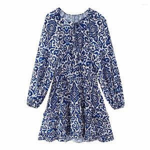 Casual Kleider Frau Navy Blue Print Kurzes Kleid 2023 Frühling Weibliche Cascading Rüschen Mini Damen Lose Elastische Taille