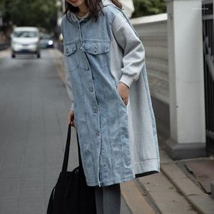 Kadın Ceketleri Tek Göğüslü Gevşek Palto Sıradan Patchwork Denim Sweatshirt Uzun Ceket Kadınları ile Kadınlar Vintage Kore Şık Dış Giyim