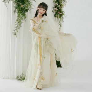 エスニック服新しいハンフのドレスビッグスリーブトップス刺繍中国の伝統的な衣服タン王朝姫妖精服dql7135 g230428