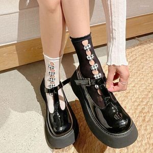 Women Socks 2023 Spring Japanese Black and White Plaid Love Decoration Hollow Edge Lace Student Calf JK Women's Thin Long