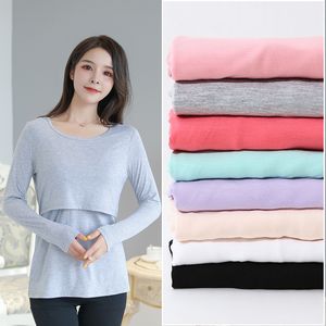 Maternity Tops Tees Autumn Long Sleeve O-neck Solid Color Postpartum Women Cotton Nursing T-shirt Maternity Breastfeeding Top and Tees 7 Colors 230512