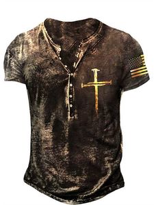 Rukas Henley Shirt T-shirt grafisk Cross American Flag Henley Flag Black/White Blue Light Grey 3D Print Stor utomhus Casual/Summer/Summer