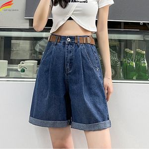 Kvinnors shorts dfrcaeg sommar denim shorts för kvinnor brett ben veckade lösa blå jeans med bälte koreansk stil gata bär Bermuda shorts 230512