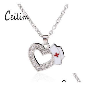 Collane con ciondolo Nuova moda Gioielli medici Infermiera Cap Charms Cristallo Amore Cuore Smalto bianco Croce rossa Segno Medicina Schoo Dhgarden Dh8Ay