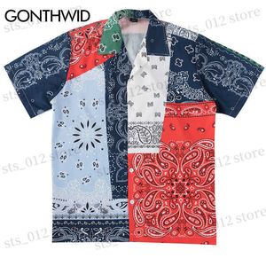 Men's Casual Shirts GONTHWID Hip Hop Cashew Flowers Print Color Block Patchwork Beach ha Hawaiian Shirts Streetwear Summer Short Sleeve Shirt Top T230512