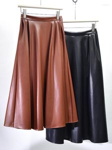 Kjolar kvinnor vinter vintage faux läder kjol koreansk mode midi veckad mörkgrön/khaki hög midja en linje svart kvinna