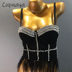 T-Shirt Cupnaya Glitter Diamante Kadınlar Üst Spaghatti kayış tüyü Budier Yaz Seksi Kulüp Kamar Korse Korse Truet Black White