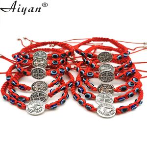 Chain 12Pieces Religious 15cm Alloy Saint Benedict And Resin Eyes Woven Bracelets Men Or Women For Prayer To Protection As Gifts 230511