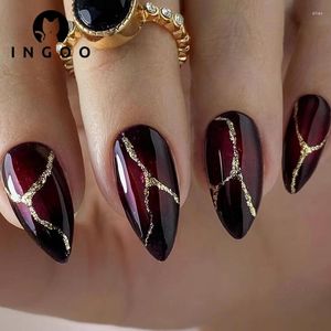 Falska naglar 24 st återanvändbar pinne på falsk nagel y2k svart röd gotisk mandelpress medium guld spegelpulver linje med lim