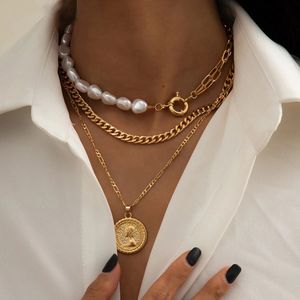 Goth Barock Pearl Coin Portrait Pendant Necklace For Women Vintage Multi Layer Link Chain Halsband Punk Aestetiska smycken 2022