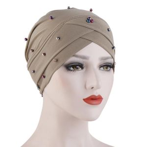 Beanies Beanie/Kafatası Kapakları Kadın Elastik Türban Şapkası Müslüman Hijab İslami Boncuklar Kanser Kemo Kapak Bayanlar Streç Schef Şapkaları