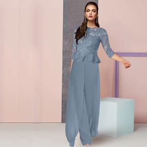 Elegant Jumpsuit Mor till bruden kostymer med jacka spetsens topp tre kvart ärm för bröllopsgäst slitage