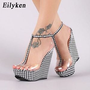 Sandals Eilyken Fashion Gingham Thick Bottoms Wedge Women Ankle Buckle Strap Platform High Heels PVC Transparent Femme Shoes 230512