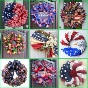 Dekoratif Çiçek Çelenkleri Amerikan Bağımsızlık Günü Çelenk Kapı İşaret Dekoru Temmuz 4 Dia Nacional Çelenk Kapı Asma Rattan Lale Ev Kapısı Dekorasyonu P230512