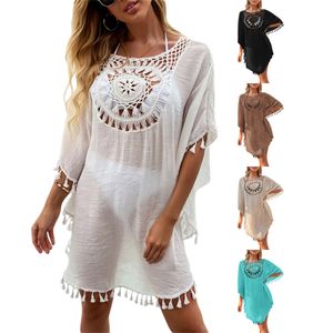 Roupa de banho feminina borla bikini coverups verão sólido crochê padrão bat boho beachwear manga curta vestido de praia curto