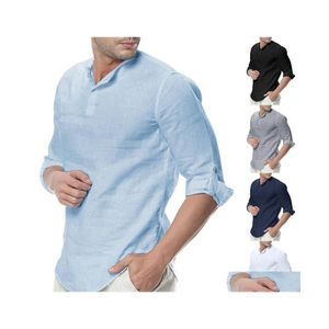 メンズカジュアルシャツメンズコットンリネンヘンリーシャツ3/4スリーブ通気性のあるファッションサマービーチトップドロップデリバリーアパレル衣類DH7XJ