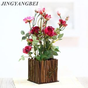 Decorative Flowers Wooden Fence Bonsai Artificial Rose With Vase Set Potted Fake Flower Desktop Plants Home Decoration1