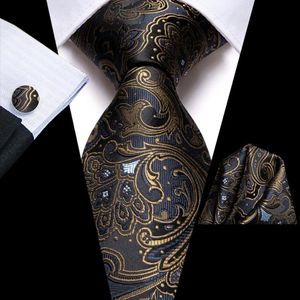 Bow Ties Black Gold Floral Silk Wedding Tie For Men Handky Cufflink Gift Necktie Fashion Business Party Dropship Hi-Tie DesignerBow BowBow