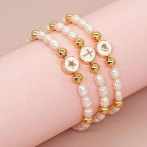 Strand Summer Bransoleta Naturalna perła Przyjaźń Boho Biżuteria Złota Plane z koralikami Emalia Cross Star Charm Bracelets for Women Girl