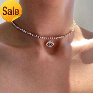 Wholesale Turkish Eyes Women Jewelry Gold Iced Retro Simple Devil Eye Rhinestone Claw Clavicle Tennis Chain Evil I Eye Necklace