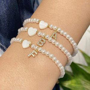 Strand Shell Heart Love Name Bracelet For Women Round Simulated Pearls Inlay Zircon Letter Initial Pendant Jewelry