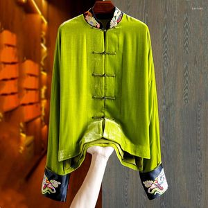 Women's Jackets High End Elegant Green Silk Velvet Coat Women's Vintage Stand Collar Embroidery Contrast Color Long Sleeve Autumn Jacket