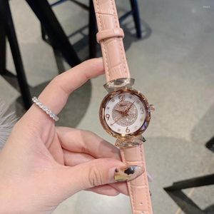 Zegarek na rękę wodoodporne prawdziwe skórzane paski zegarki dla kobiet kwarcowe zegarek Shinning Crystals Dress Analog Montre Femme